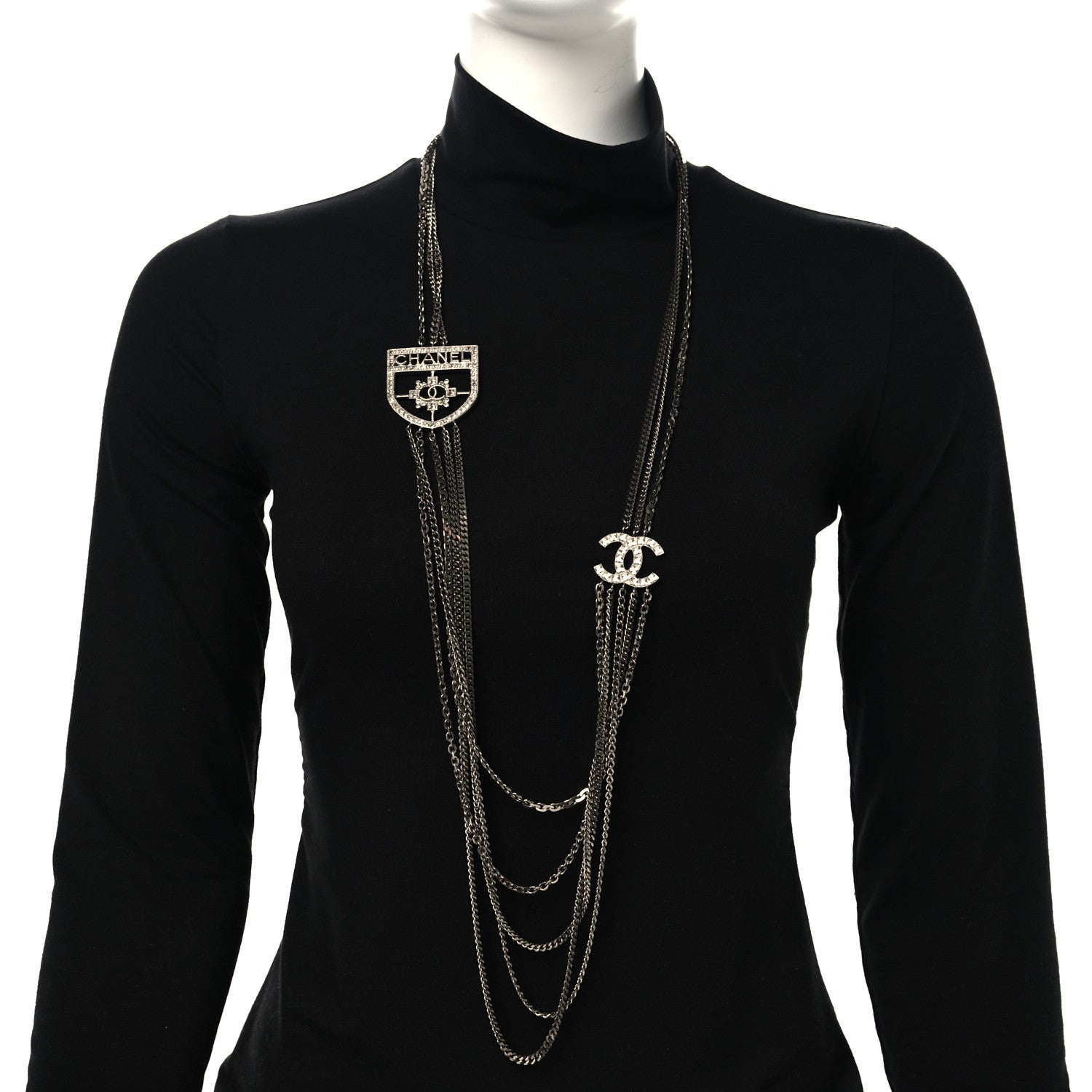 Chanel Baguette Crystal CC Shield Multi Strand Long Chain Necklace Silver 2 of 4