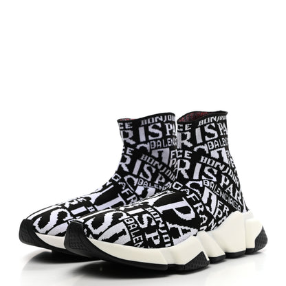 Balenciaga Neoprene Knit Bonjour Paris Womens Speed Sneakers 36 Black White Red 3 of 8