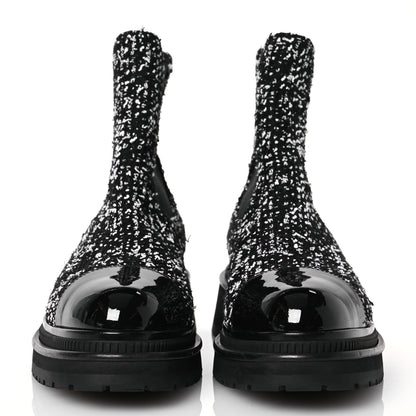 Chanel Tweed Patent Calfskin Short Boots 40 Black White 2 of 11