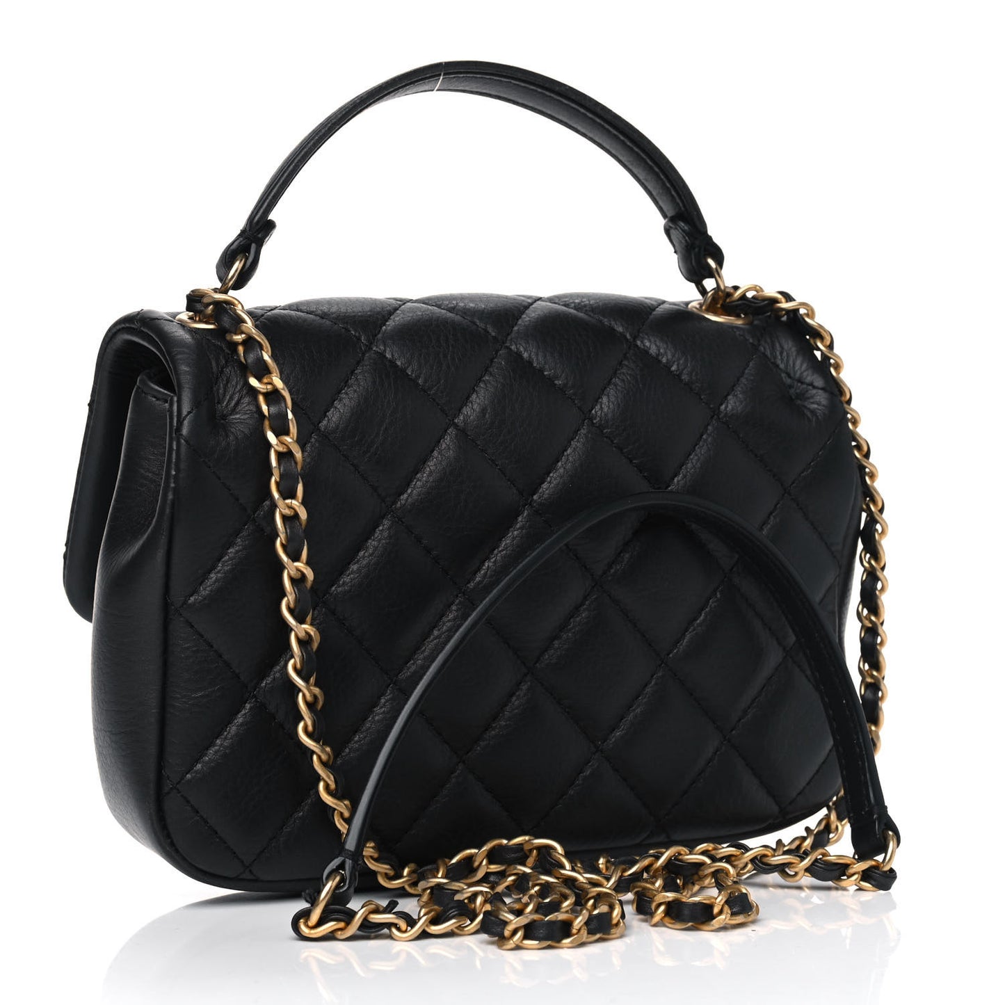 Calfskin Quilted Top Handle Flap Black