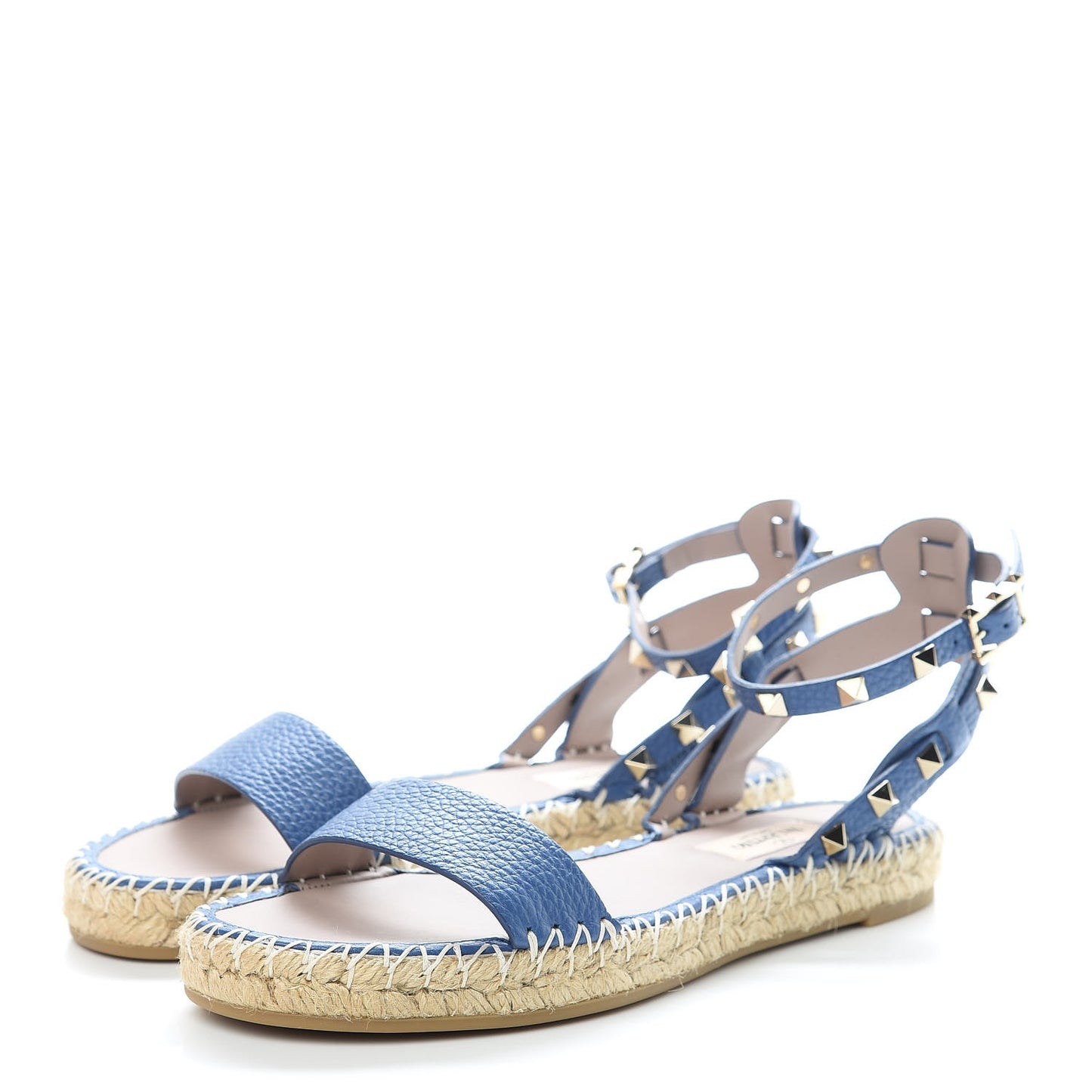 Grained Calfskin Rockstud Ankle Strap Espadrille Flat Sandals 37 Baltique