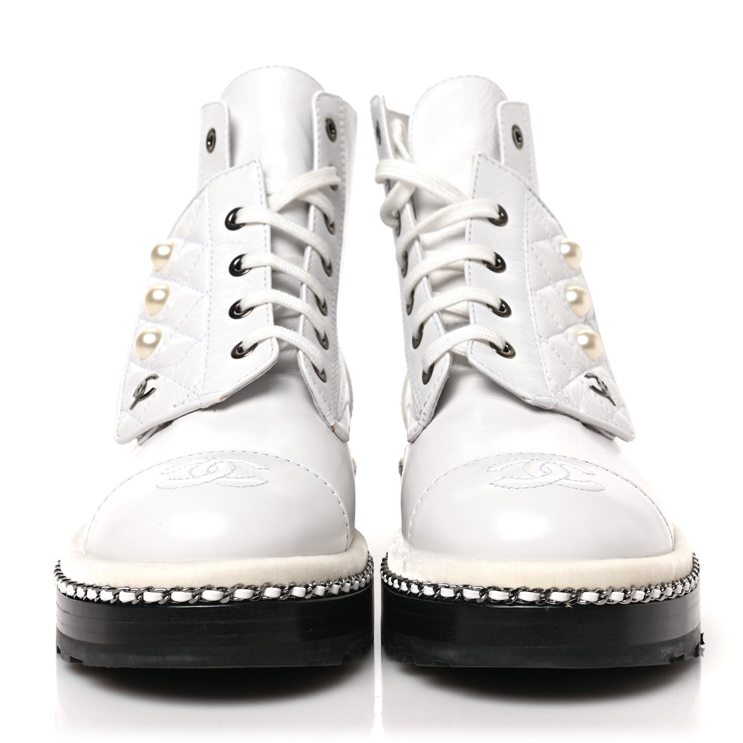 Chanel Crackled Calfskin Velvet Pearl Combat Short Boots 36.5 White 2 of 7