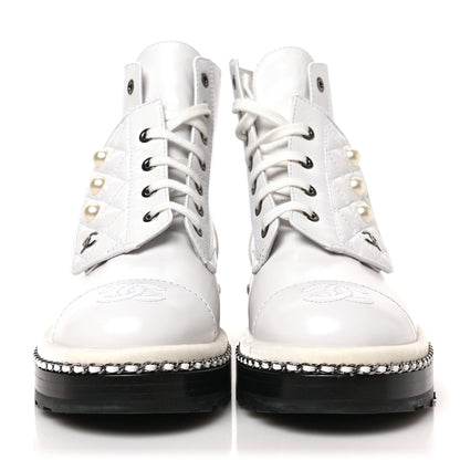 Chanel Crackled Calfskin Velvet Pearl Combat Short Boots 36.5 White 2 of 7