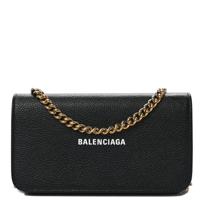 Balenciaga Grained Calfskin Logo Cash Phone Holder Wallet On Chain Black White 1 of 10