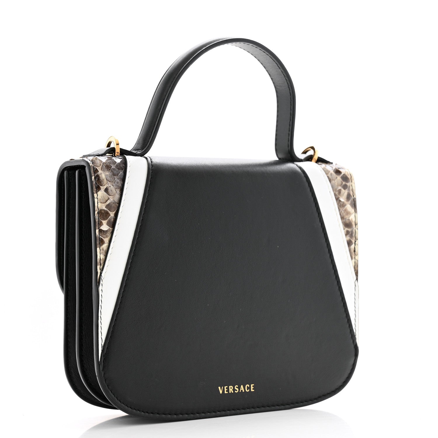 Versace Vitello Snakeskin Calf Hair Virtus V Small Top Handle Shoulder Bag Black Brown Multicolor 3 of 15
