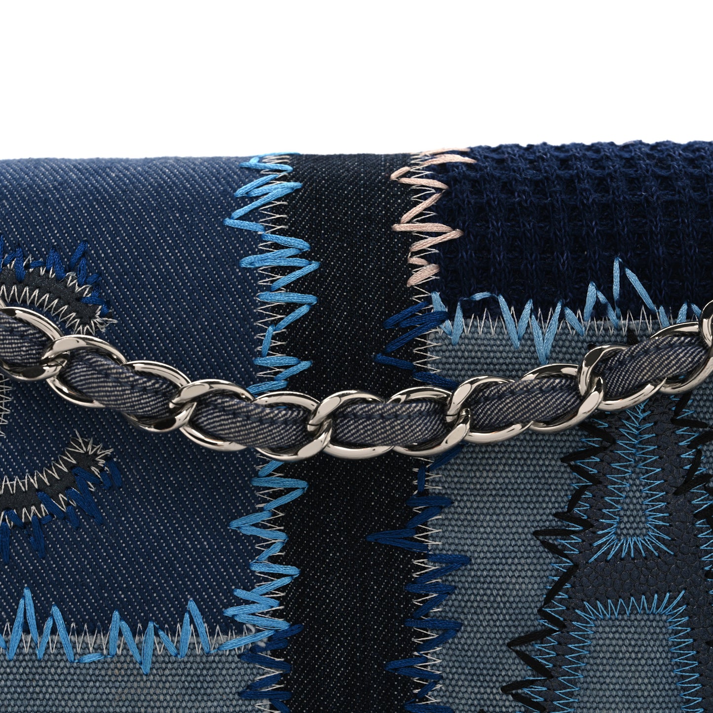 Denim Tweed Patchwork Jumbo Single Flap Blue