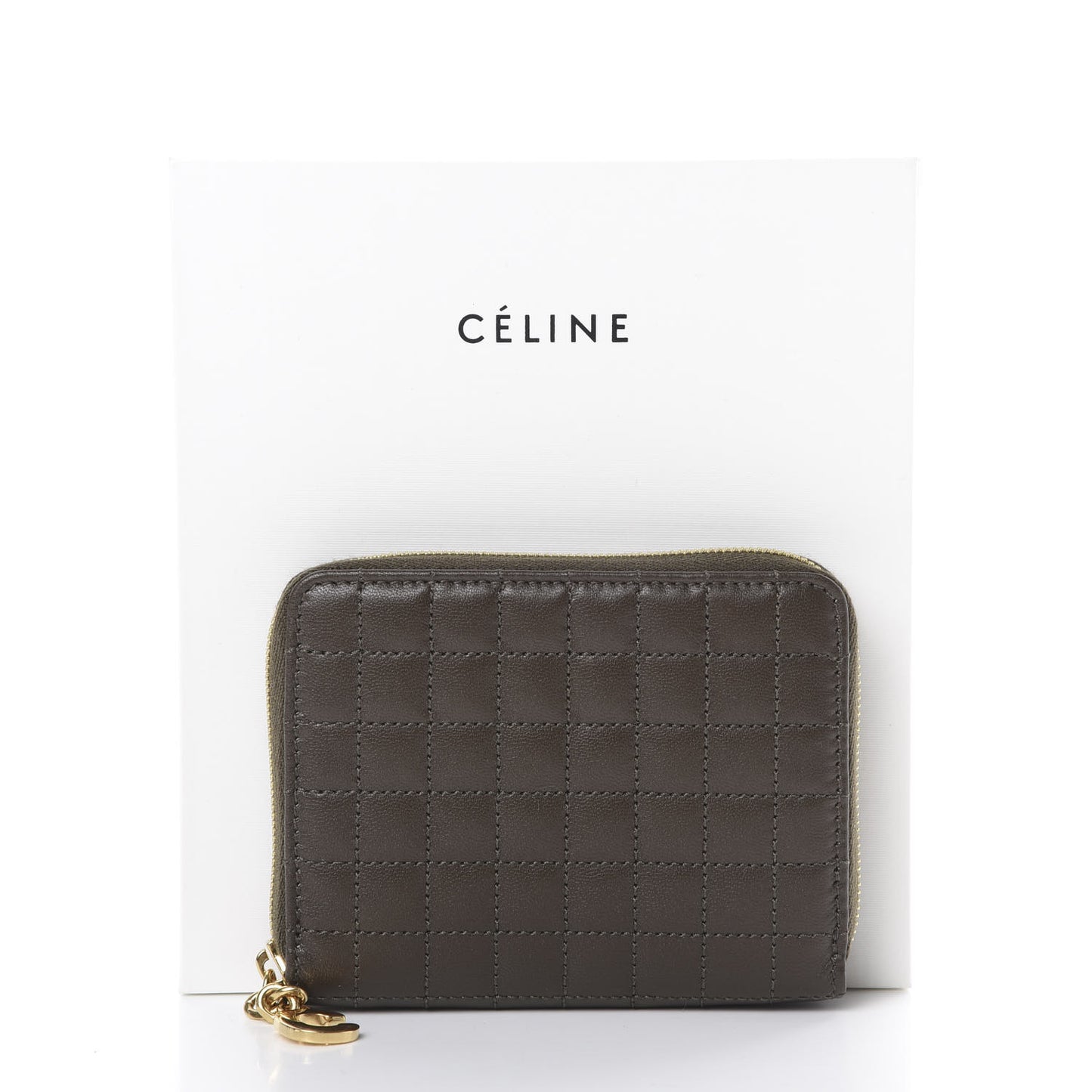 Lambskin Quilted C Charm Zip Around Wallet Khaki