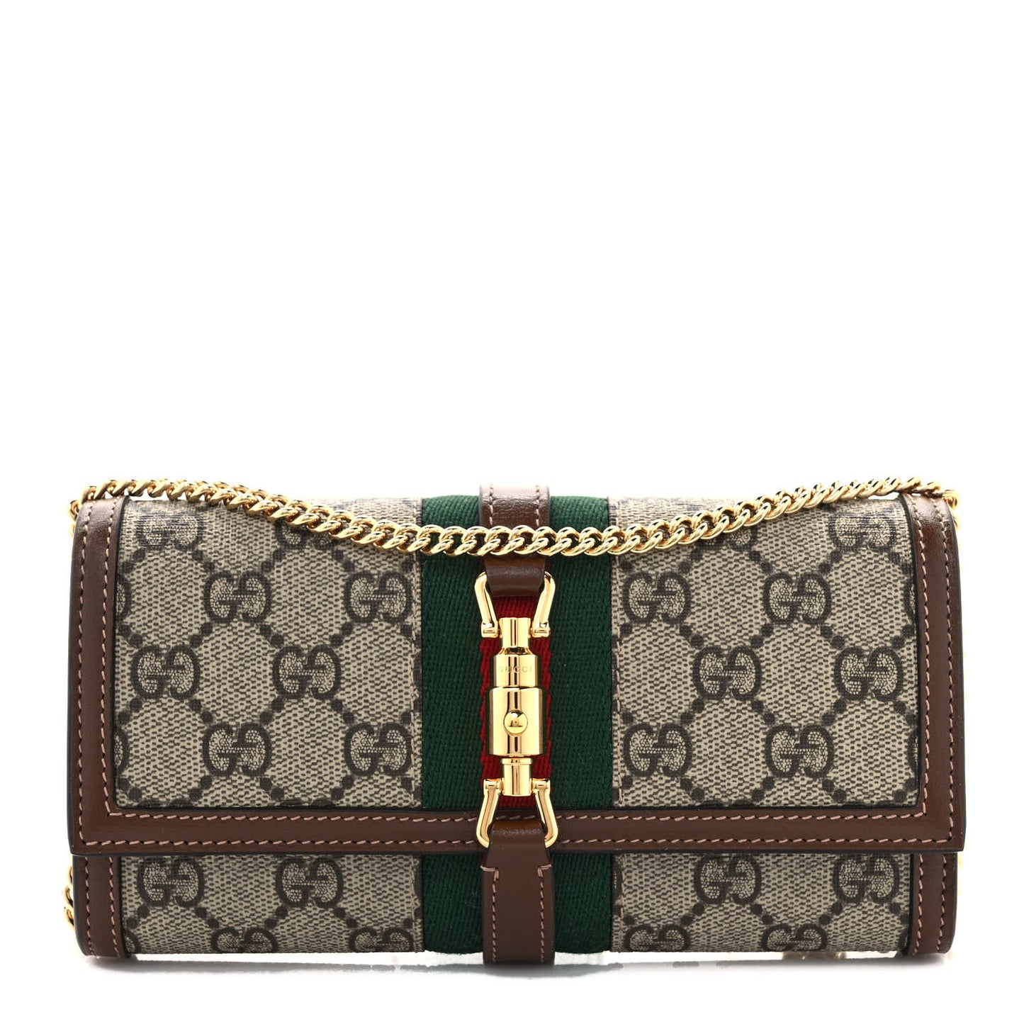 GG Supreme Monogram Azalea Calfskin Web Jackie 1961 Chain Wallet Beige Ebony Brown Sugar