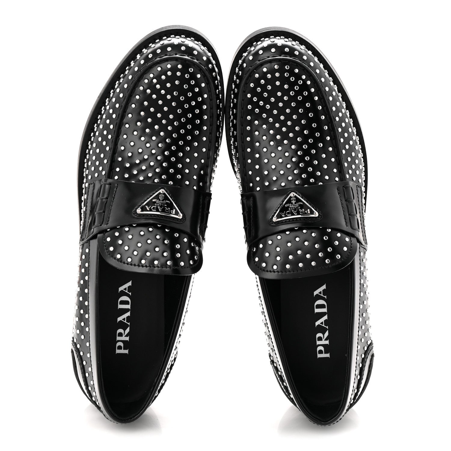 Prada Spazzolato Studded Metal Triangle Logo 20mm Loafers 39 Black 2 of 10