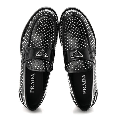 Prada Spazzolato Studded Metal Triangle Logo 20mm Loafers 39 Black 2 of 10