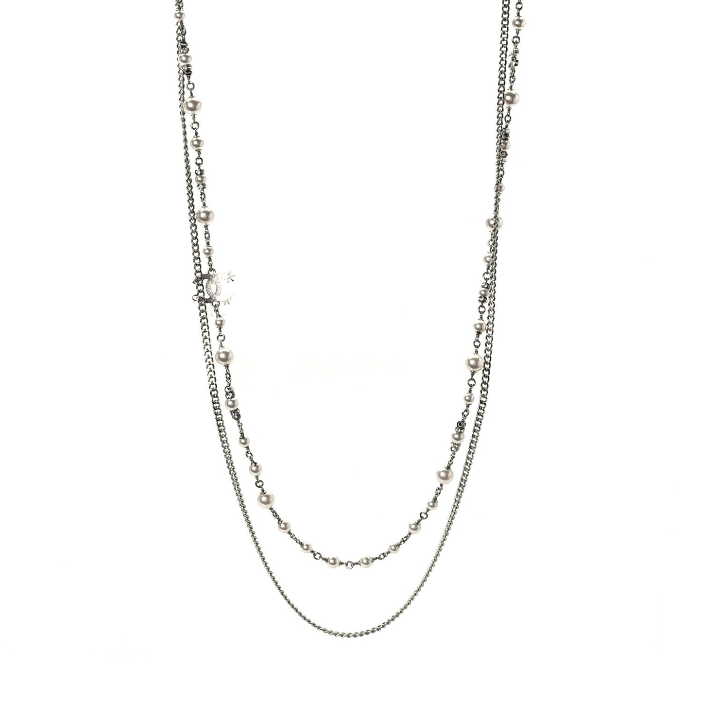 Pearl Crystal Strand CC Long Necklace Silver