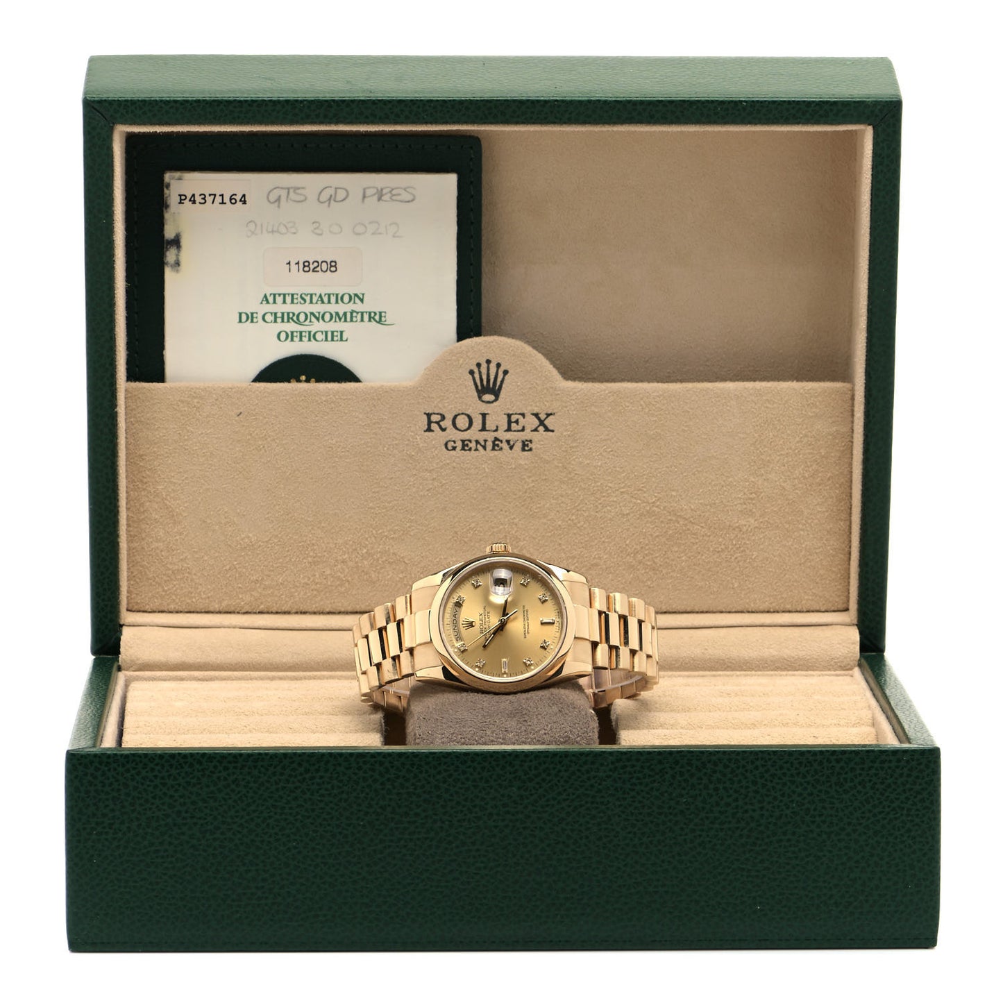 18K Yellow Gold Diamond 36mm Oyster Perpetual Day-Date President Watch Champagne 118208