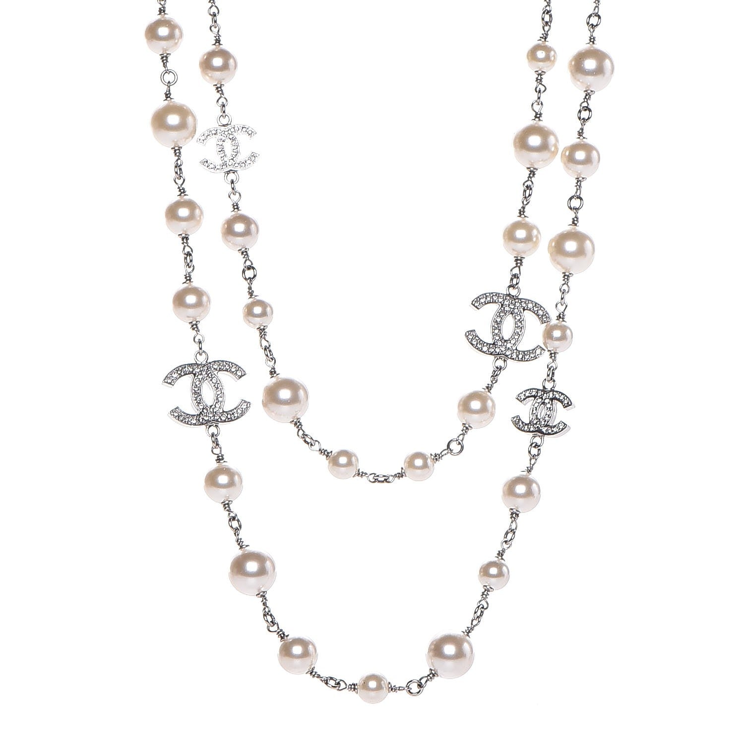 Chanel Crystal Pearl CC Long Necklace Silver 1 of 6