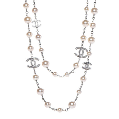 Chanel Crystal Pearl CC Long Necklace Silver 1 of 6