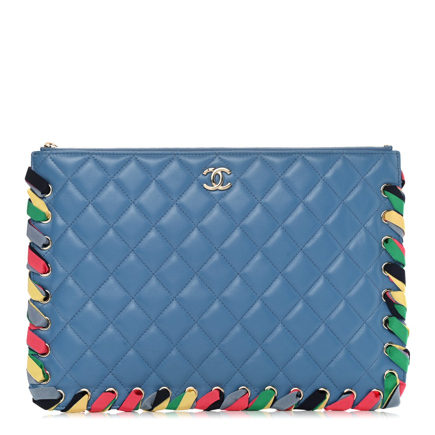 Chanel Shiny Lambskin Ribbon Large Zip Pouch Blue 1 of 7