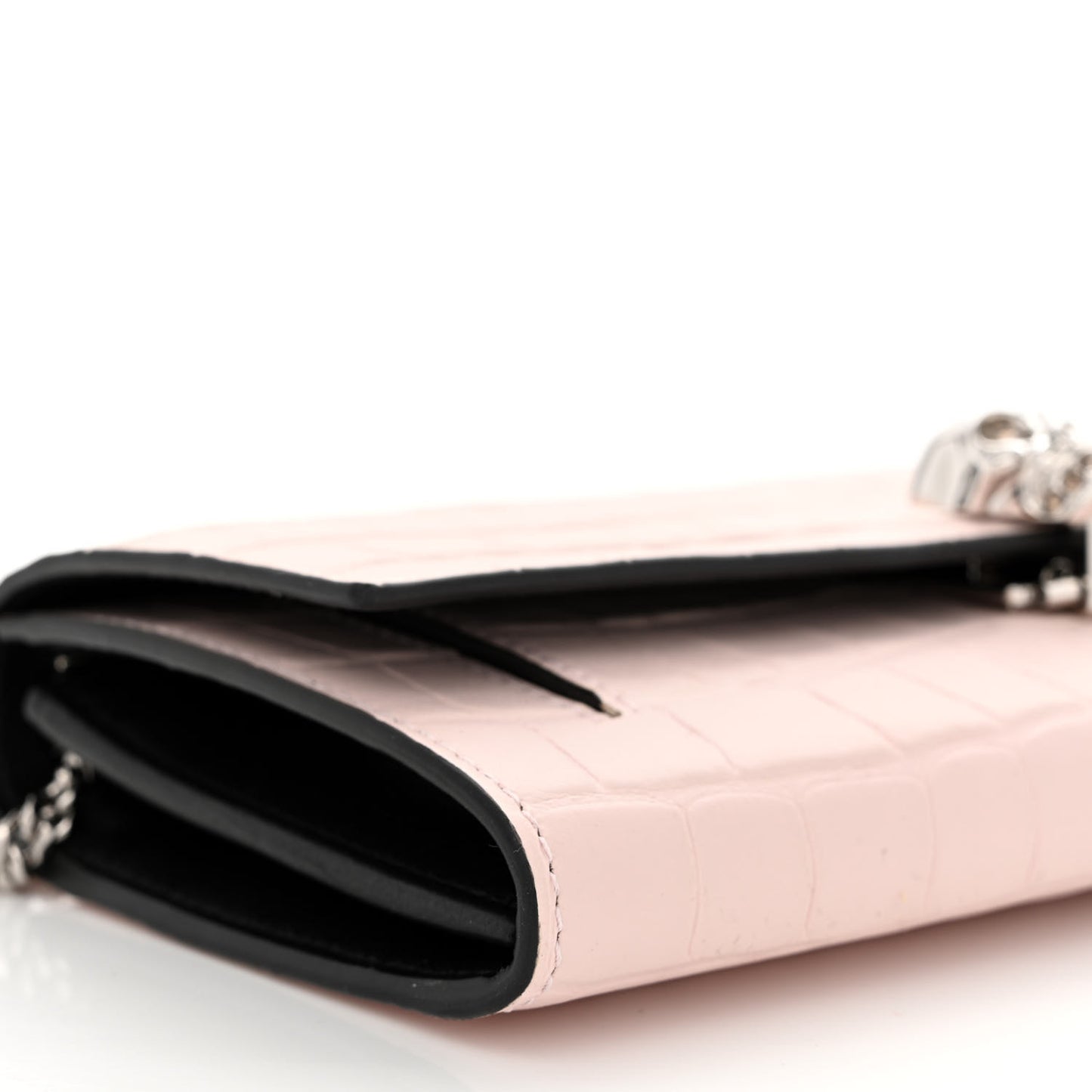 Calfskin Crocodile Embossed Skull Wallet on Chain Baby Pink