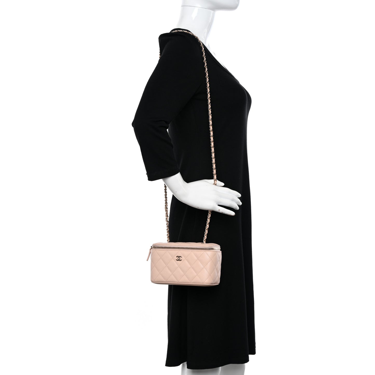 Caviar Quilted Small Vanity Case With Chain Light Pink