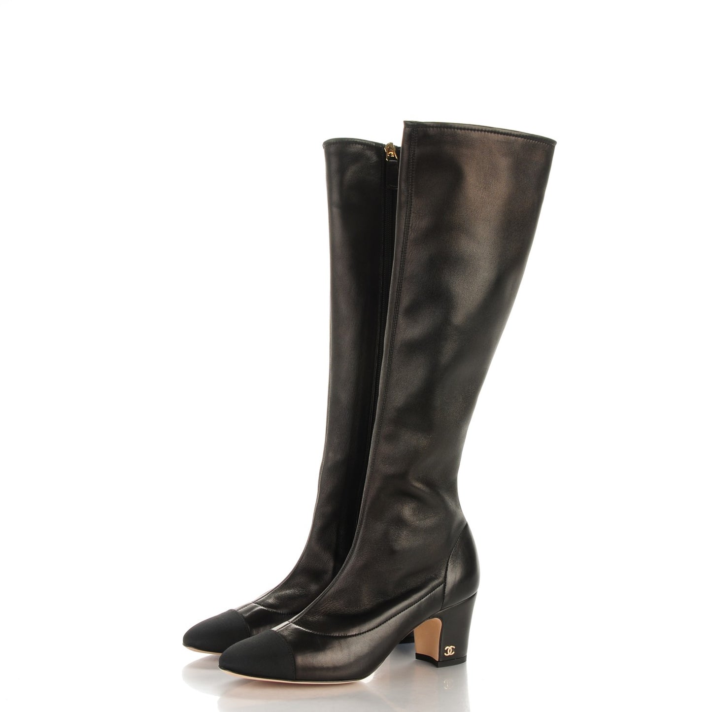 Lambskin Grosgrain CC Cap Toe High Boots 36 Black