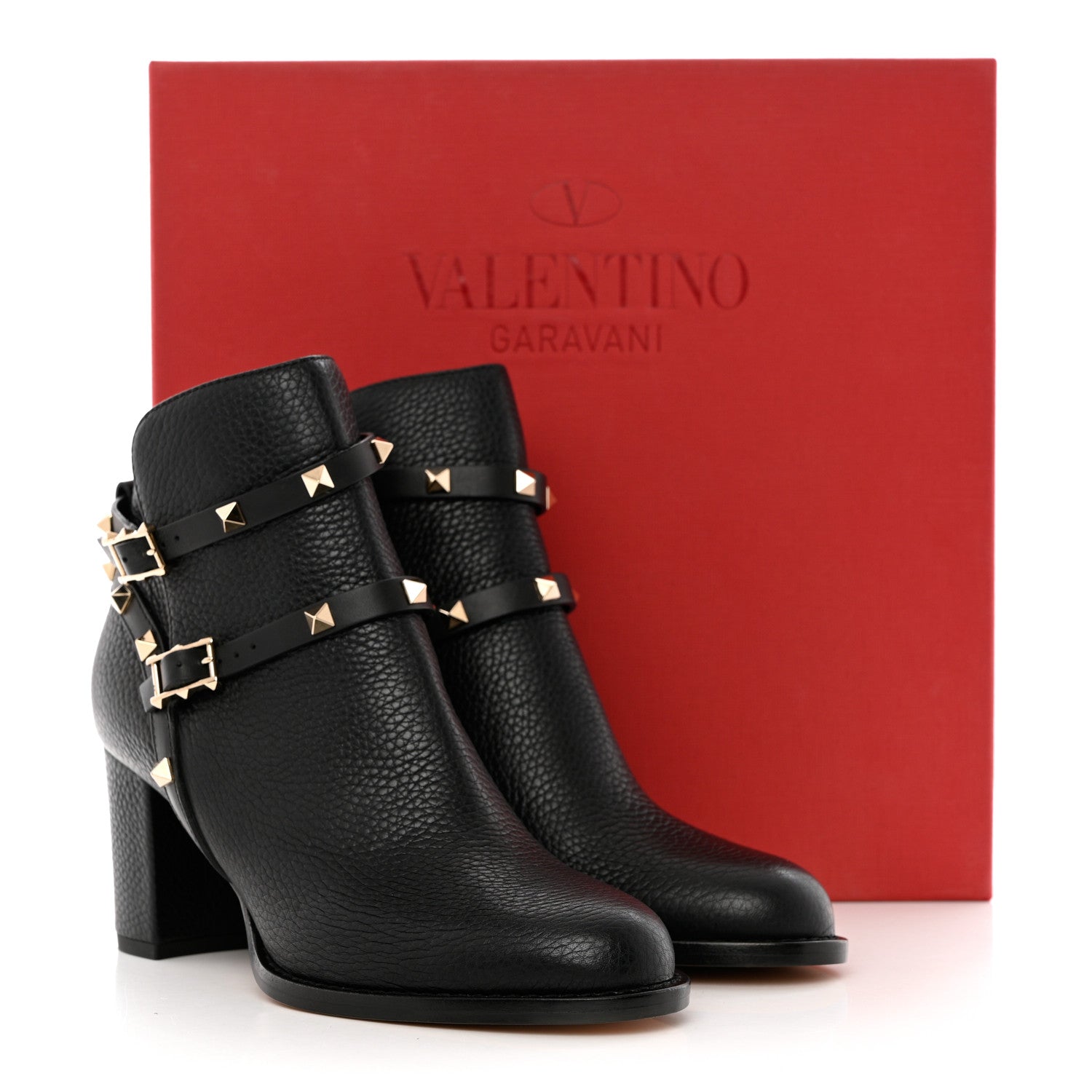 Valentino Garavani Pebbled Calfskin Rockstud Double Buckle 70mm Block Heel Ankle Boots 38.5 Black 13 of 13