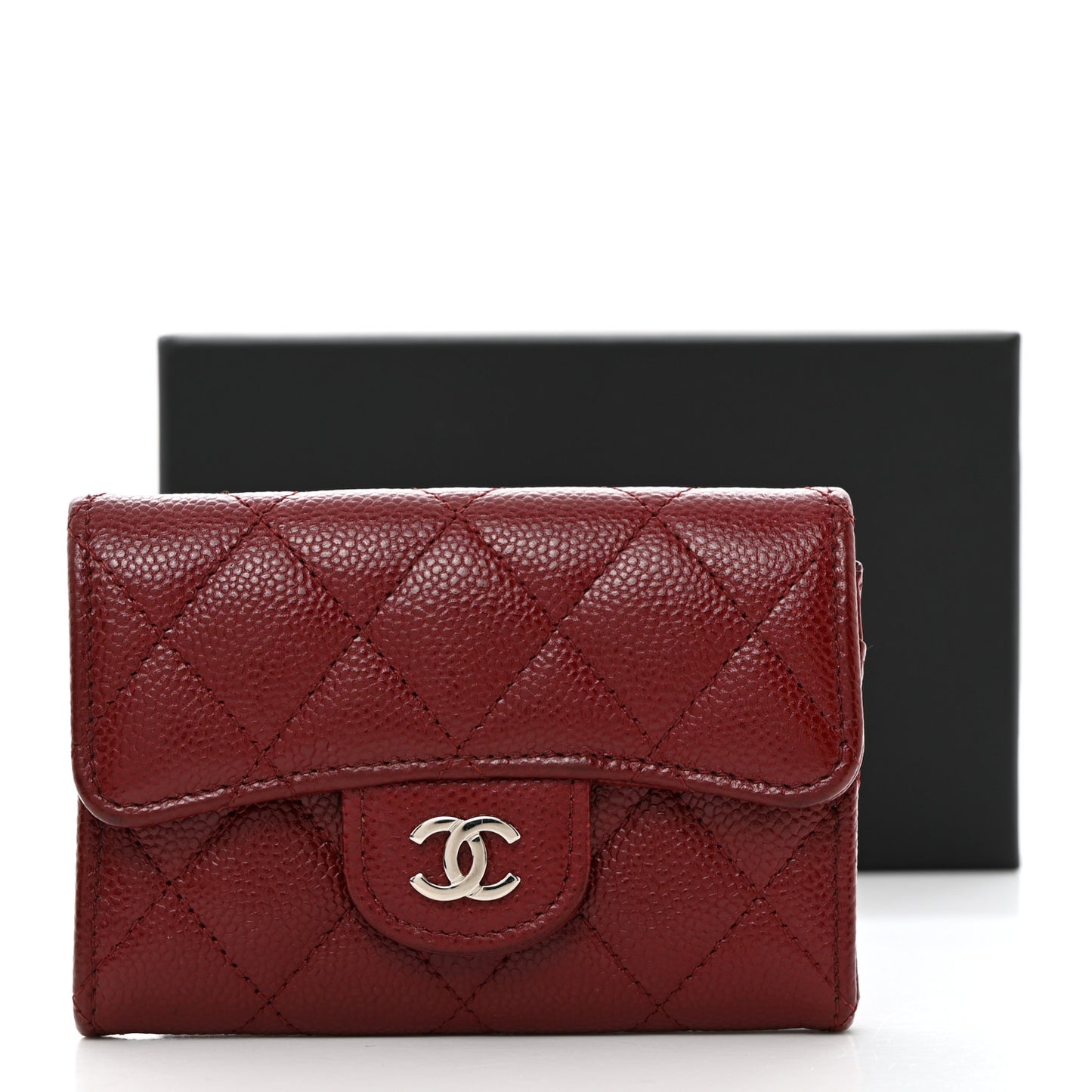 Iridescent Caviar Quilted Flap Card Holder Wallet Burgundy