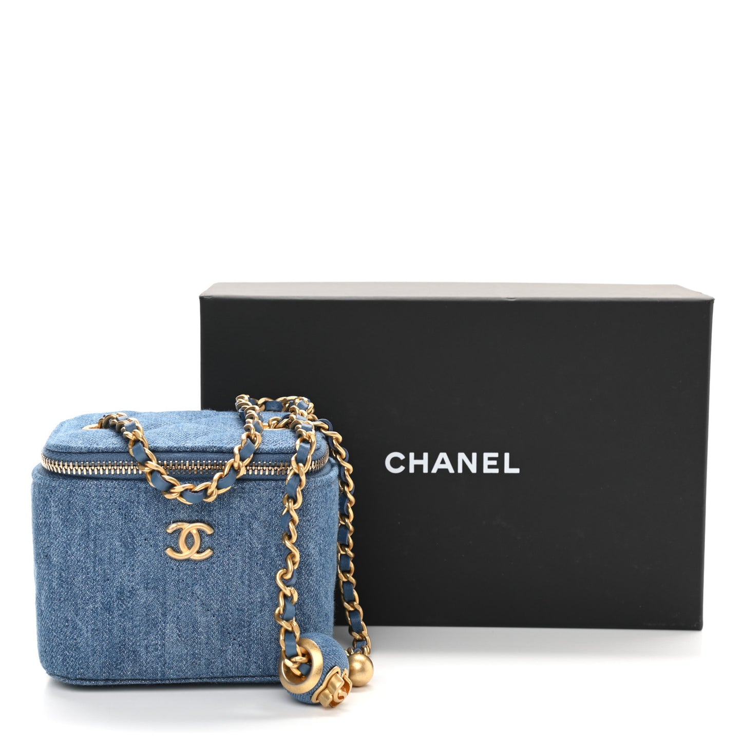 Denim Quilted Mini Pearl Crush Vanity Case With Chain