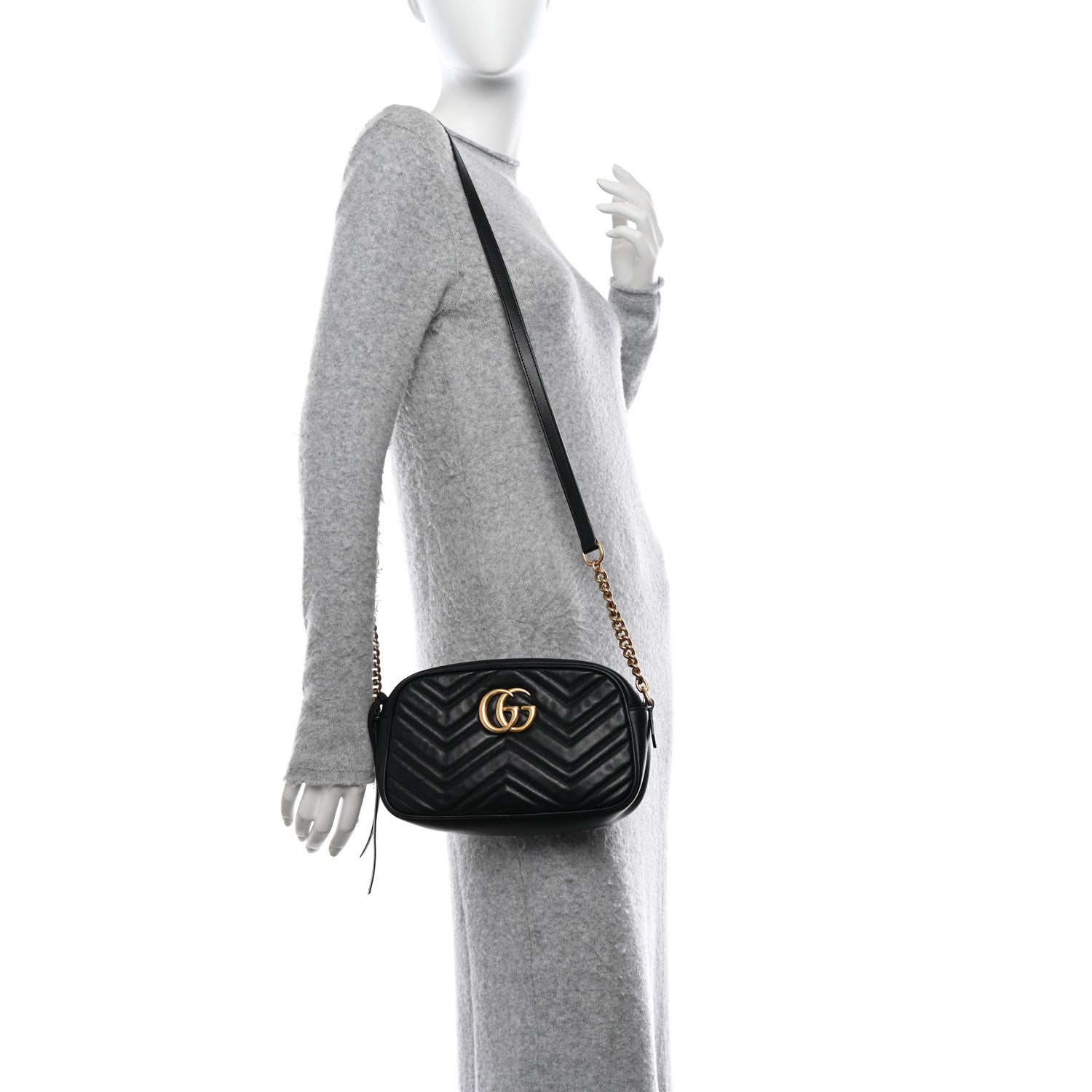 Gucci Calfskin Matelasse Small GG Marmont Chain Shoulder Bag Black 2 of 12