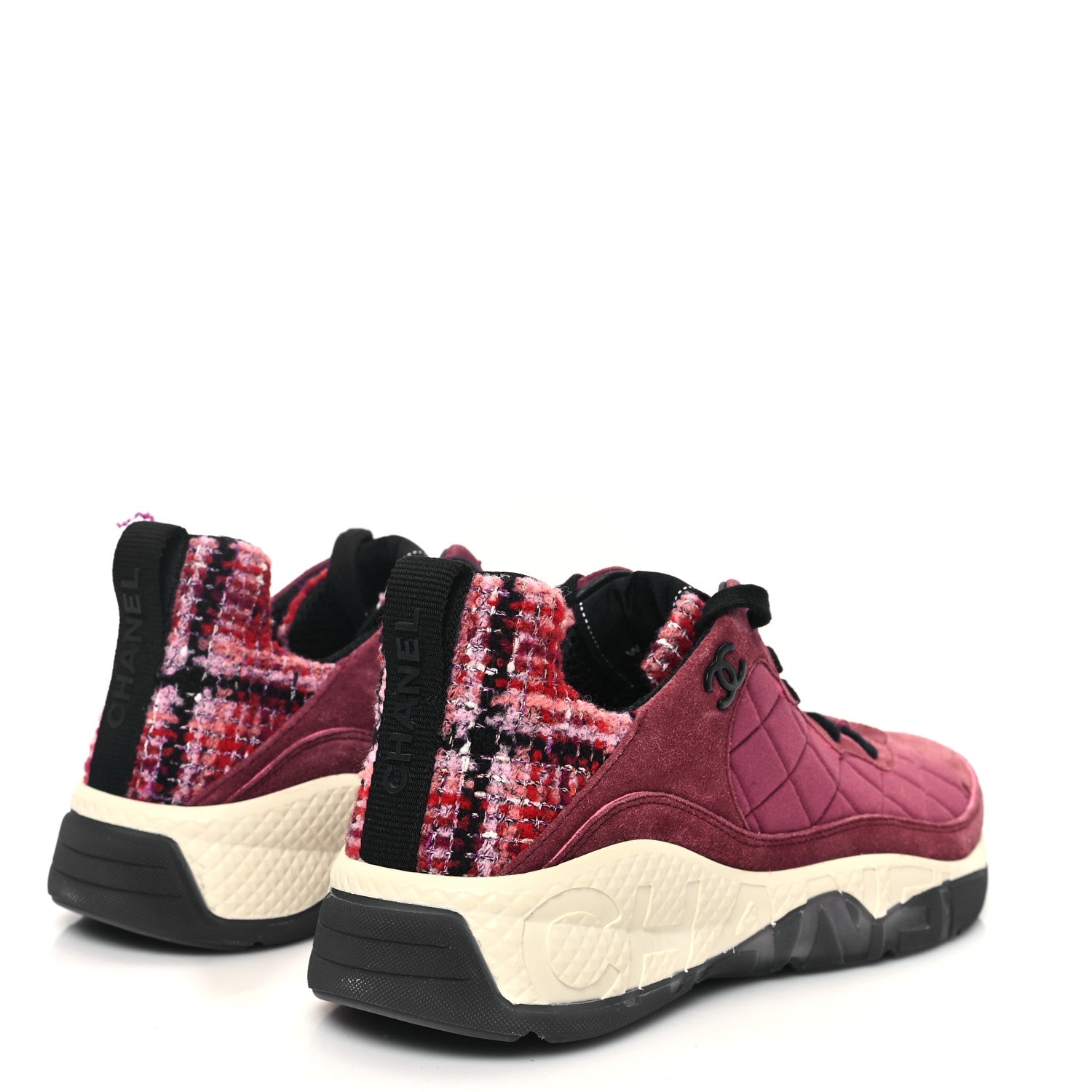 Chanel Tweed Suede Calfskin Grained Calfskin Womens CC Sneakers 41 Burgundy Black Silver 4 of 10