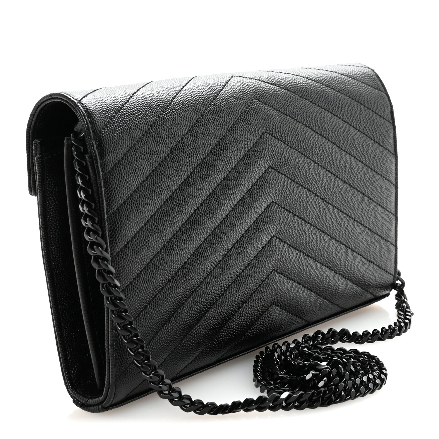 Saint Laurent Grain De Poudre Matelasse Chevron Monogram Monochrome Chain Wallet Black 3 of 9