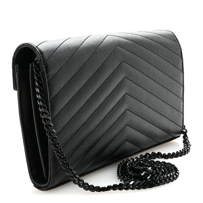 Saint Laurent Grain De Poudre Matelasse Chevron Monogram Monochrome Chain Wallet Black 3 of 9