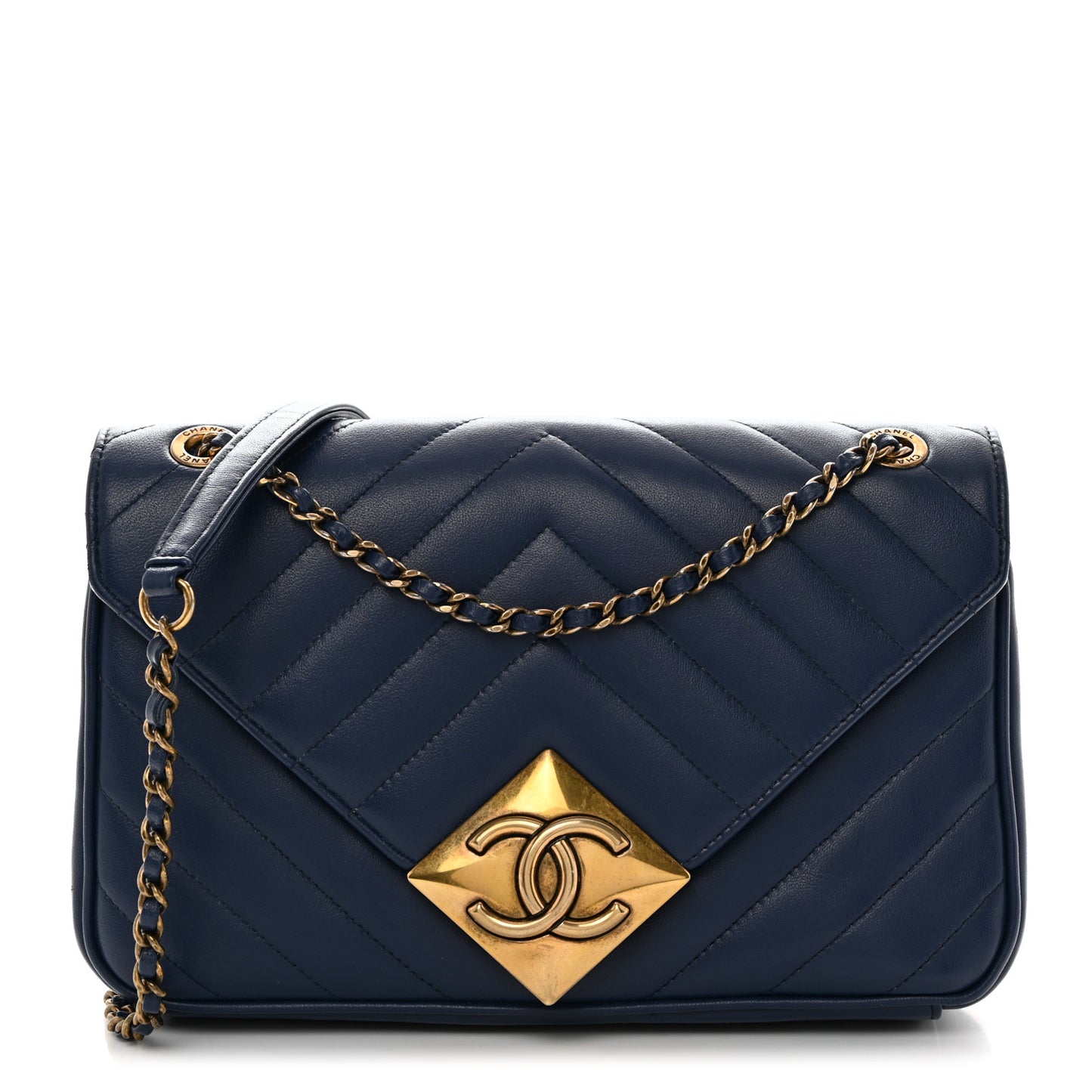 Lambskin Chevron Quilted Small Pyramid CC Flap Navy