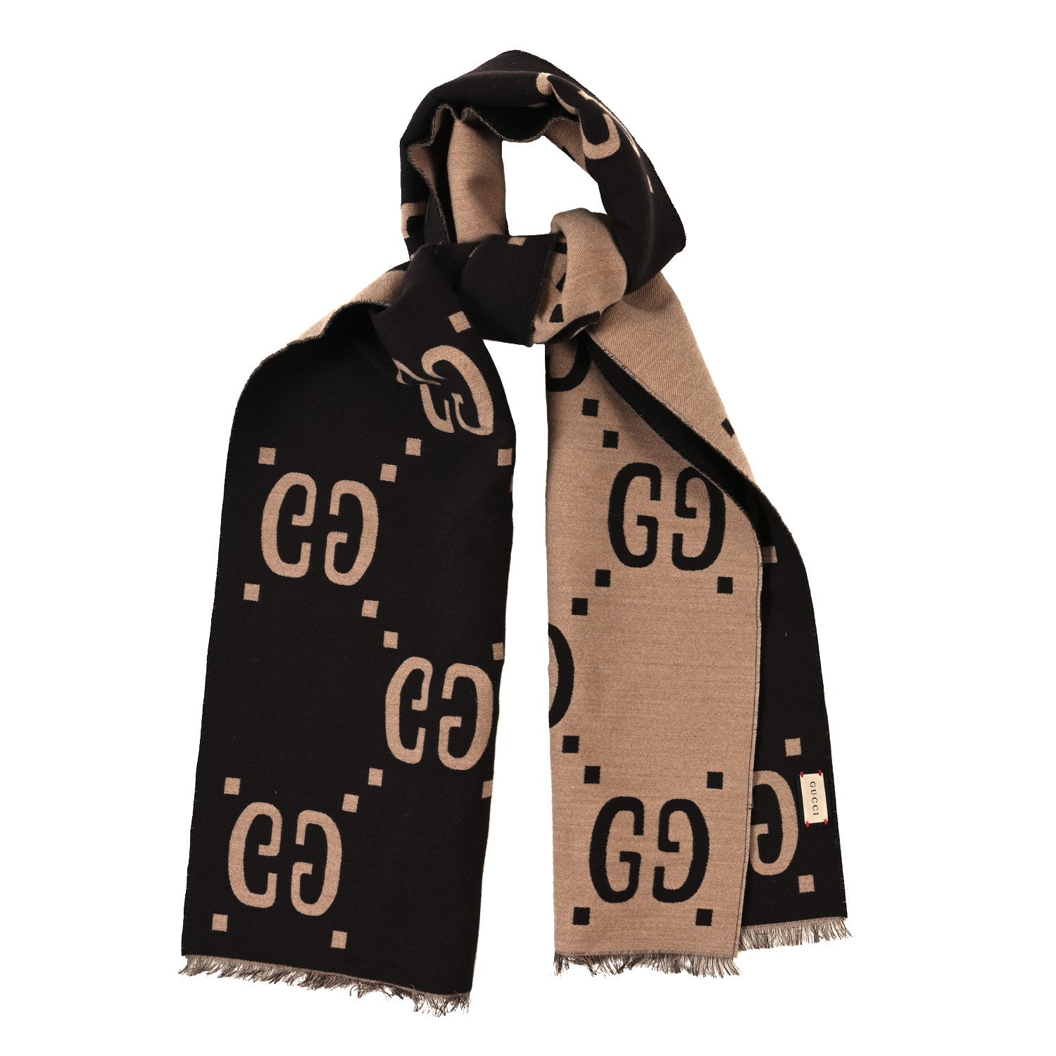 Gucci Wool Silk Monogram Jumbo GG Freedom Scarf Dark Brown Beige 1 of 4