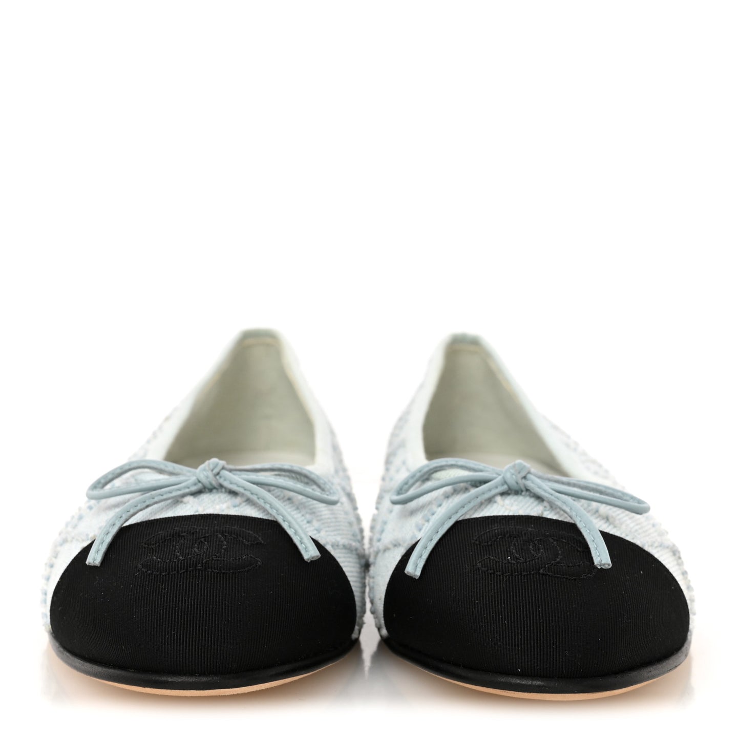Denim Embroidered Grosgrain CC Cap Toe Ballerina Flats 37.5 Light Blue Black