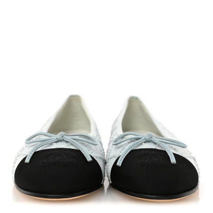 Chanel Denim Embroidered Grosgrain CC Cap Toe Ballerina Flats 37.5 Light Blue Black 3 of 9