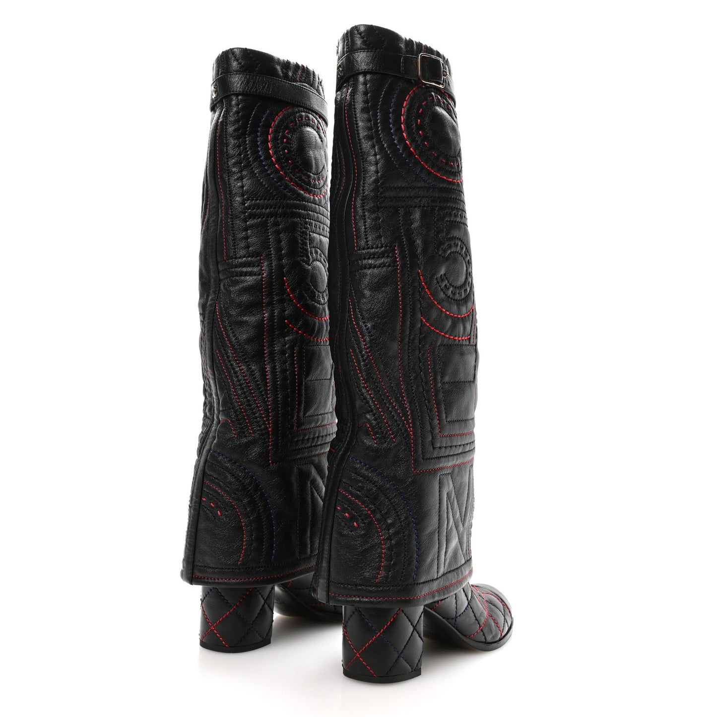Lambskin Stitched Logo Fold Over High Boots 41 Black