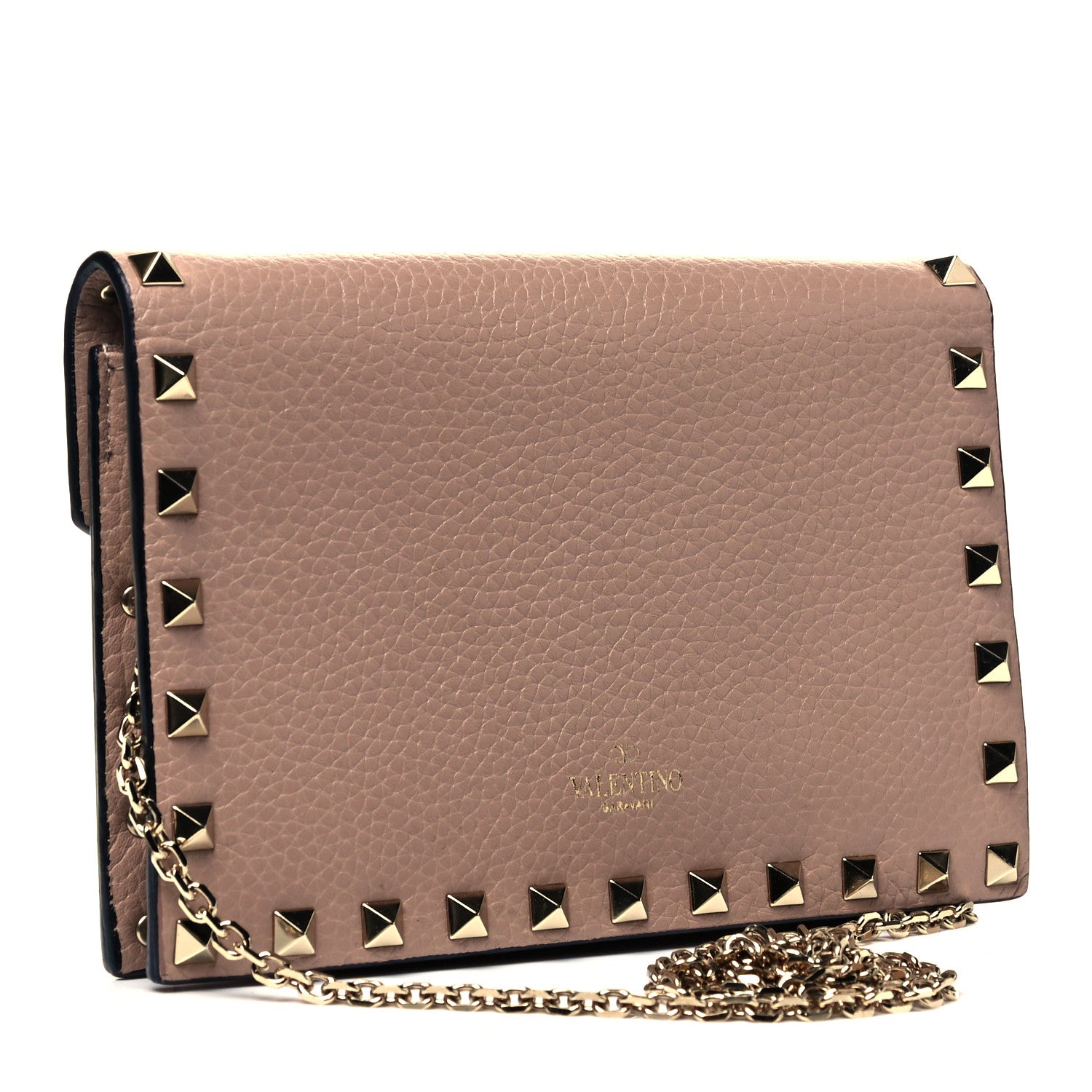 Valentino Garavani Pebbled Calfskin Rockstud Envelope Wallet on Chain Poudre 3 of 8