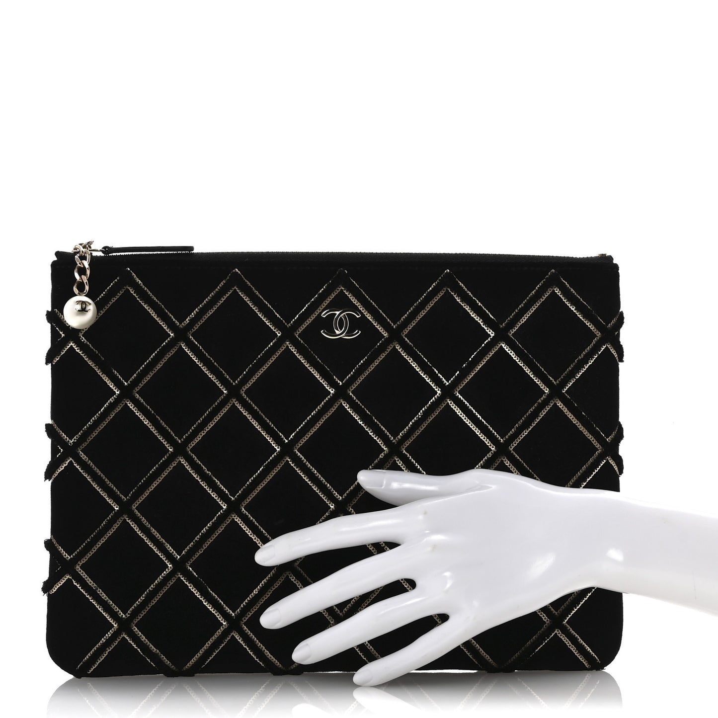 Velvet Sequin Diamond Quilted Medium Cosmetic Case Black Gold