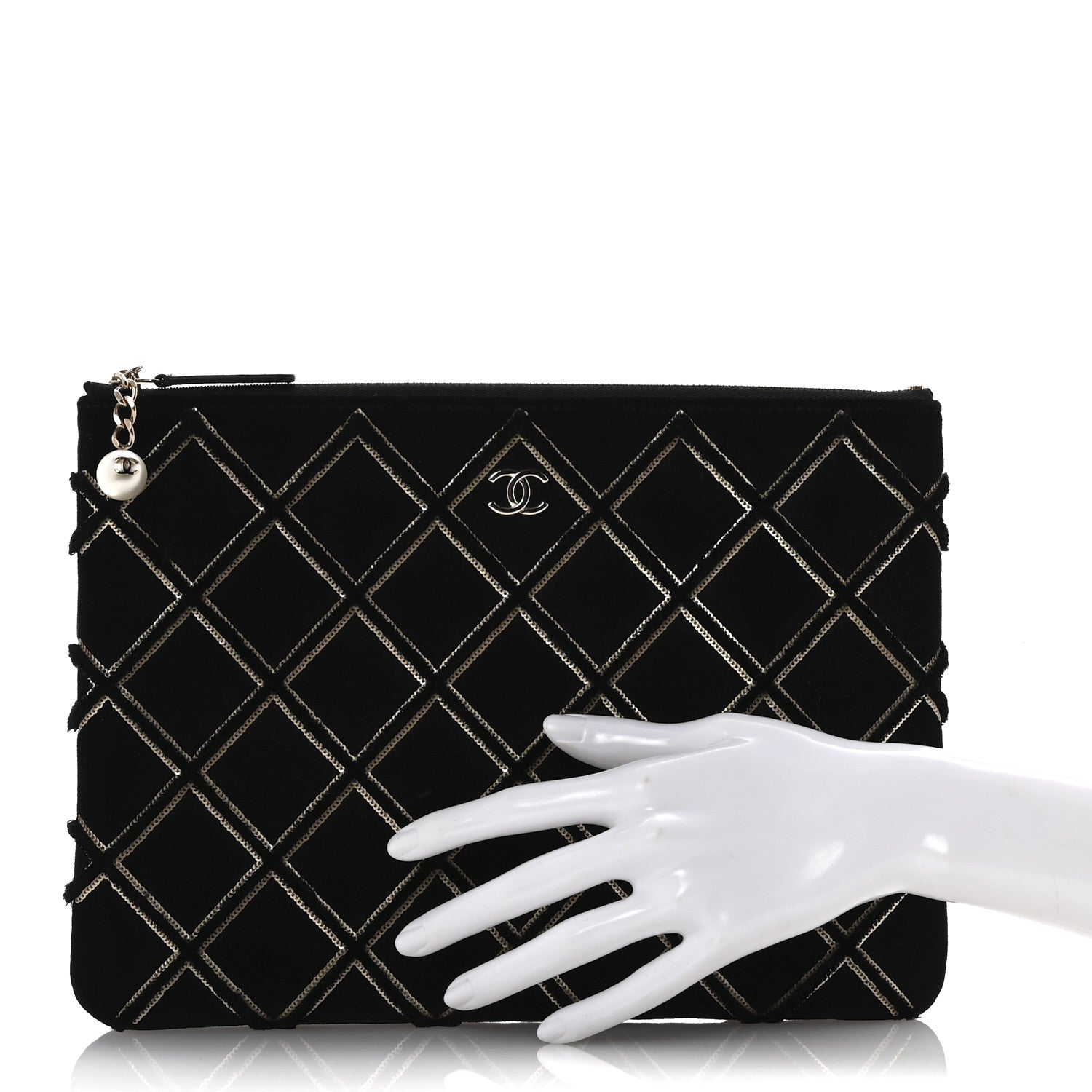Chanel Velvet Sequin Diamond Quilted Medium Cosmetic Case Black Gold 2 of 11