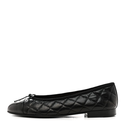 Chanel Aged Calfskin Quilted CC Cap Toe Ballerina Flats 37.5 Black 1 of 10