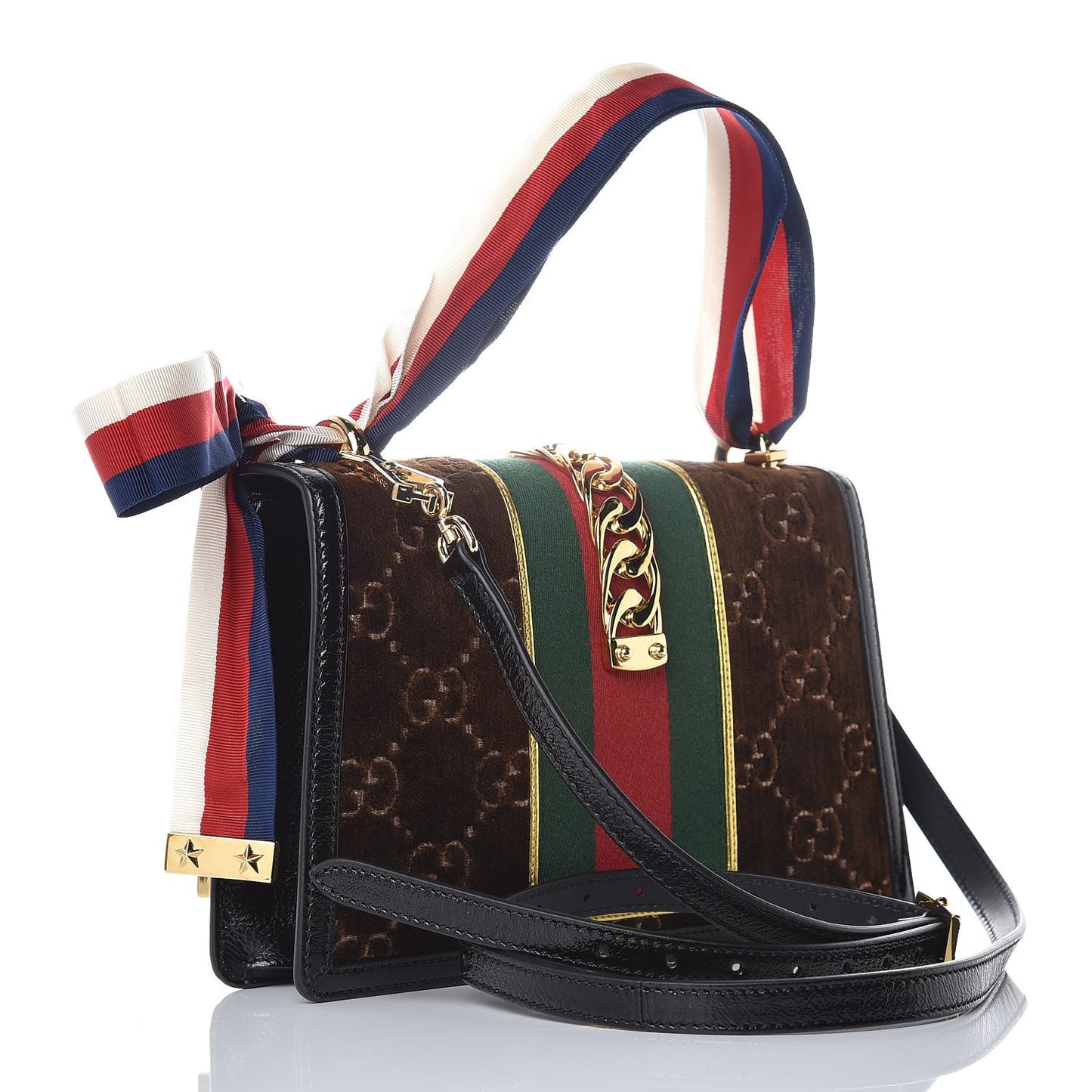 Velvet GG Monogram Web Small Sylvie Shoulder Bag Brown Black Oro Vecchio