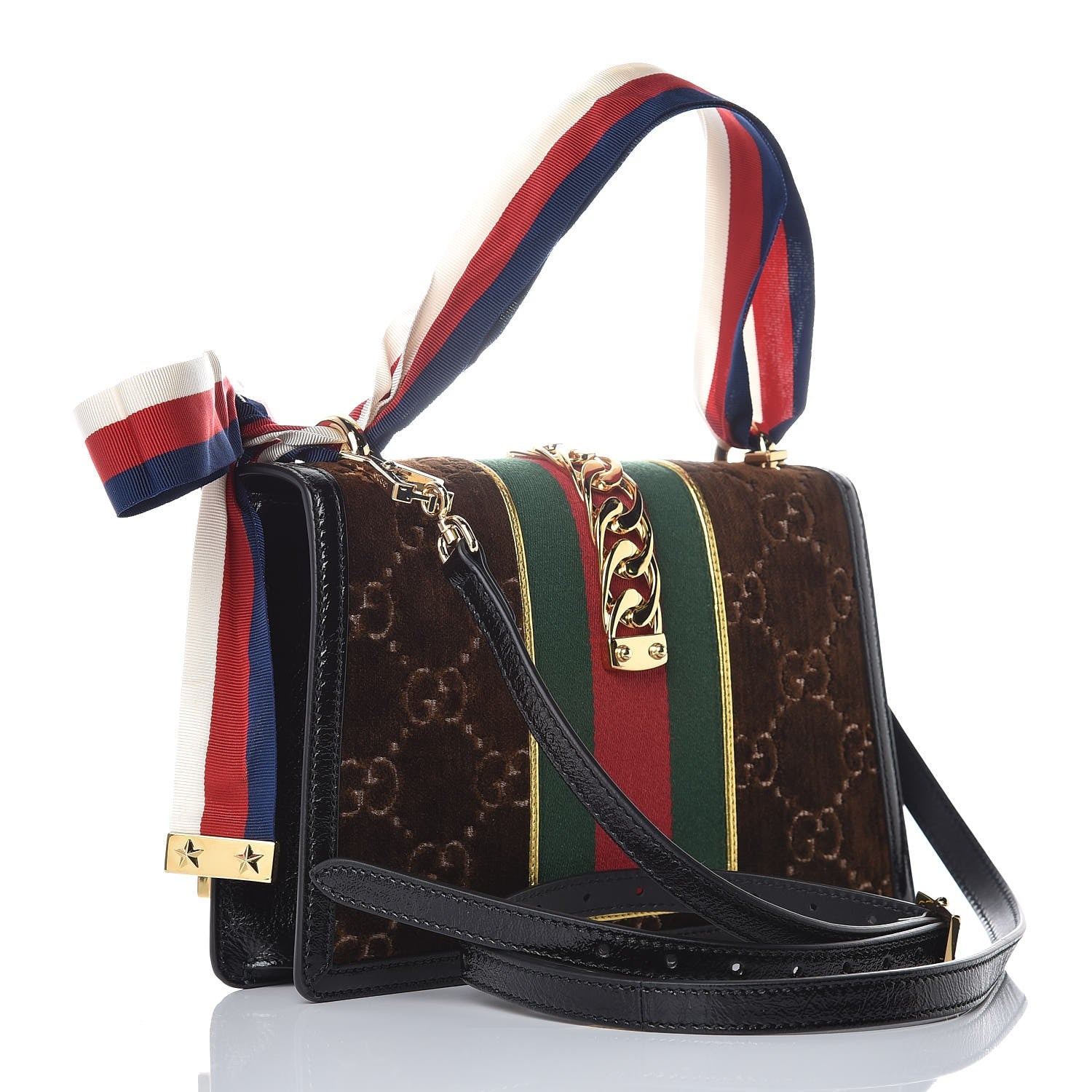 Gucci Velvet GG Monogram Web Small Sylvie Shoulder Bag Brown Black Oro Vecchio 3 of 7