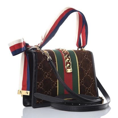 Gucci Velvet GG Monogram Web Small Sylvie Shoulder Bag Brown Black Oro Vecchio 3 of 7