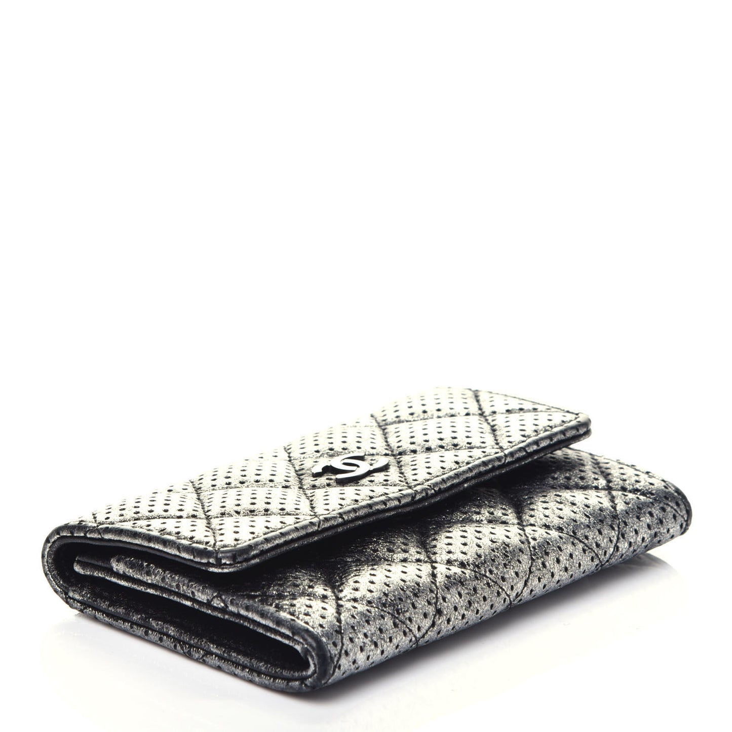 Metallic Calfskin Perforated Quilted Card Holder Grey