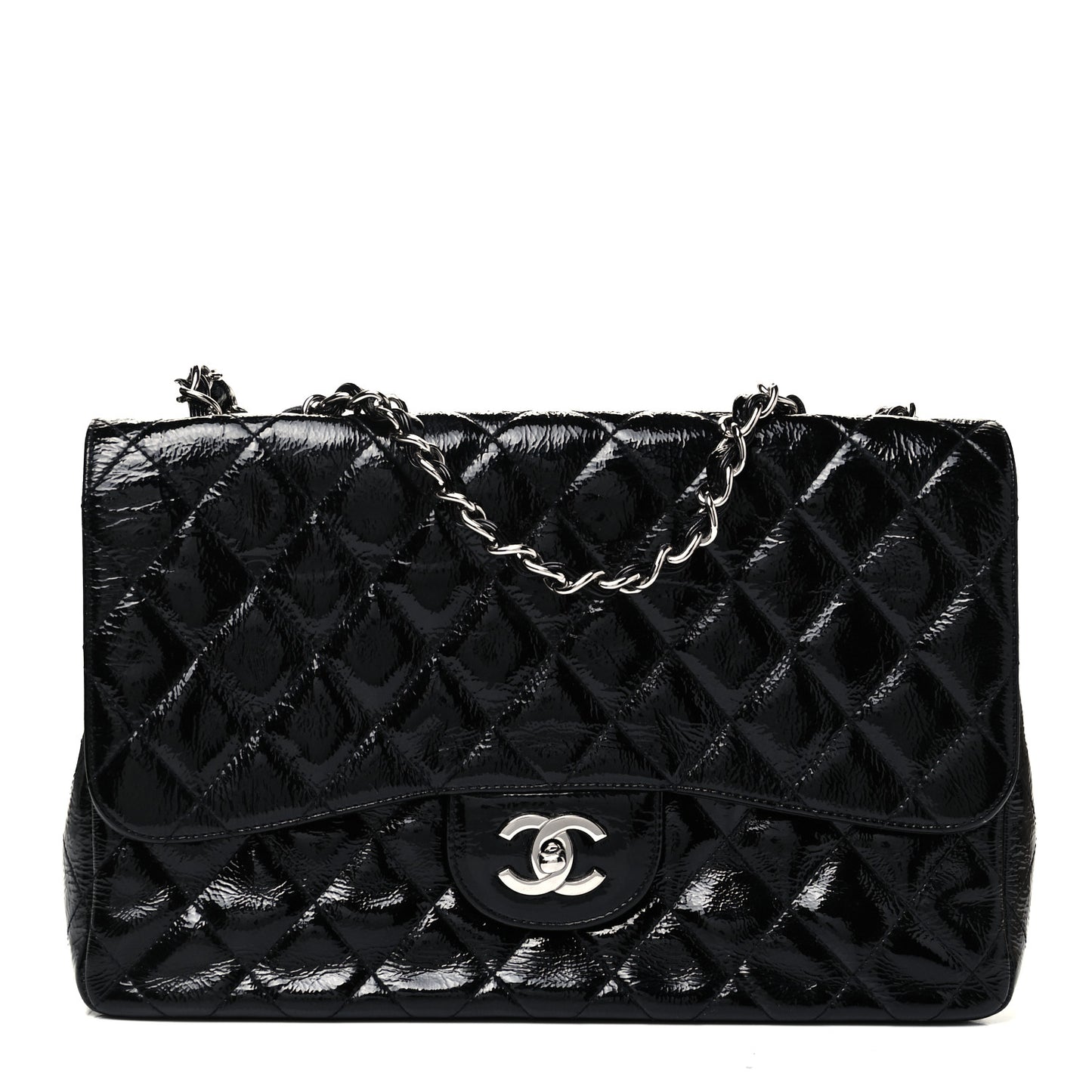 Crinkled Patent Quilted Jumbo Single Flap Black