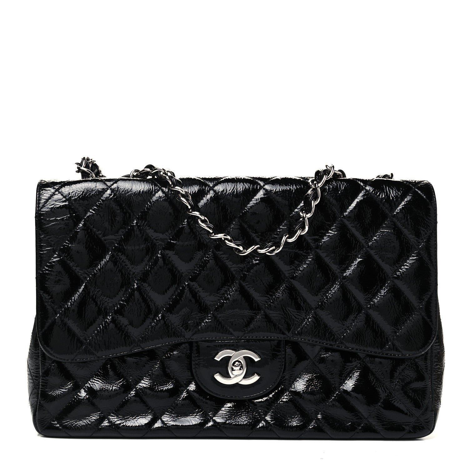 Chanel Crinkled Patent Quilted Jumbo Single Flap Black 1 of 9
