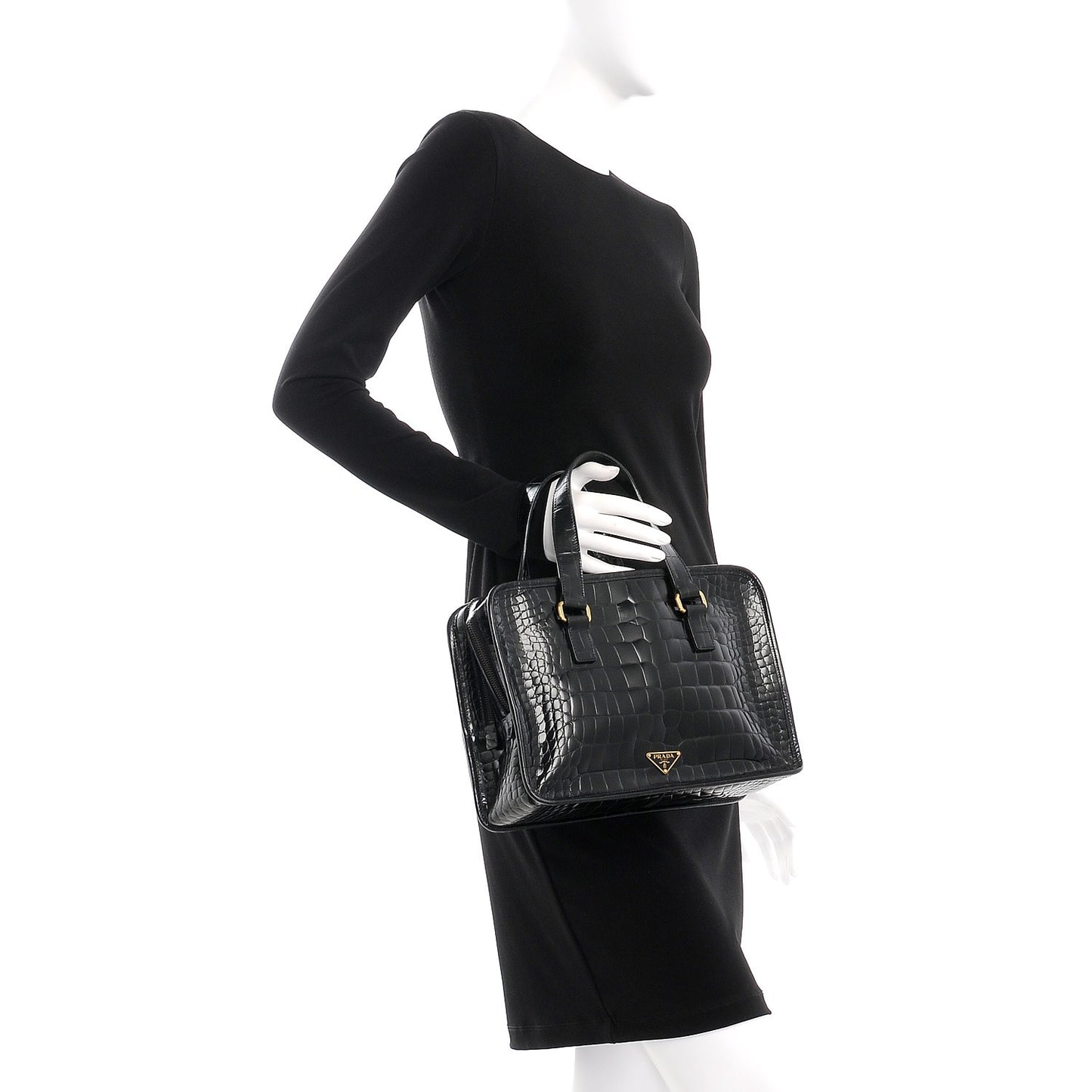 Shiny Calfskin Crocodile Embossed Double Zip Tote Black