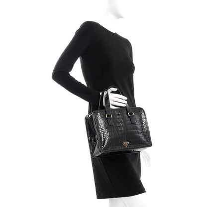 Prada Shiny Calfskin Crocodile Embossed Double Zip Tote Black 2 of 7