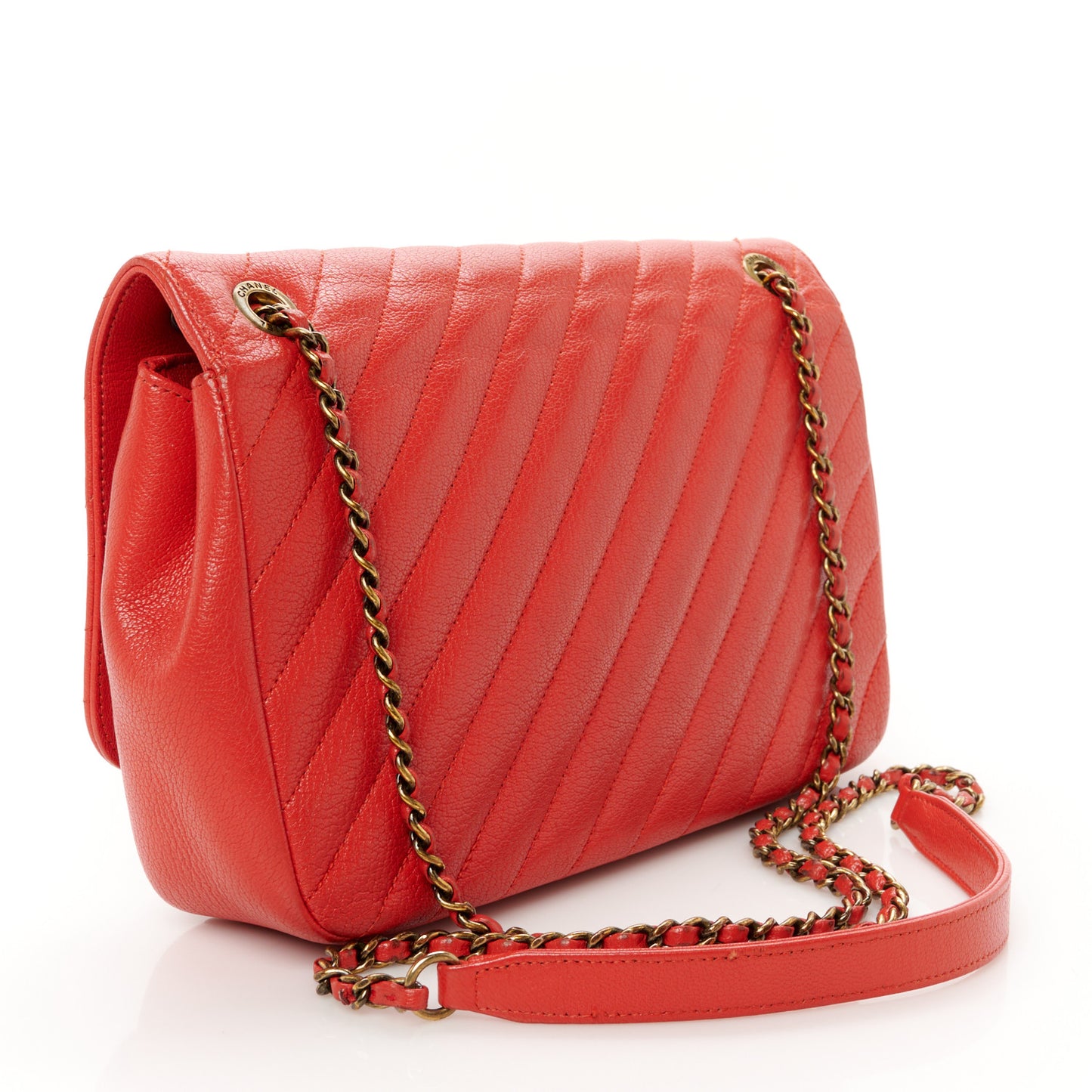 Shiny Goatskin Diagonal Quilted Medium Flap Red