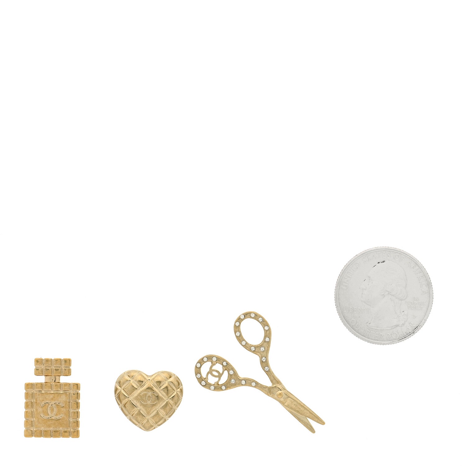 Chanel Metal Strass Crystal Quilted CC Heart Scissors Perfume Brooch Set Gold 2 of 3