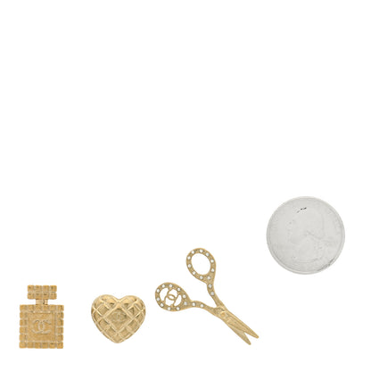 Chanel Metal Strass Crystal Quilted CC Heart Scissors Perfume Brooch Set Gold 2 of 3