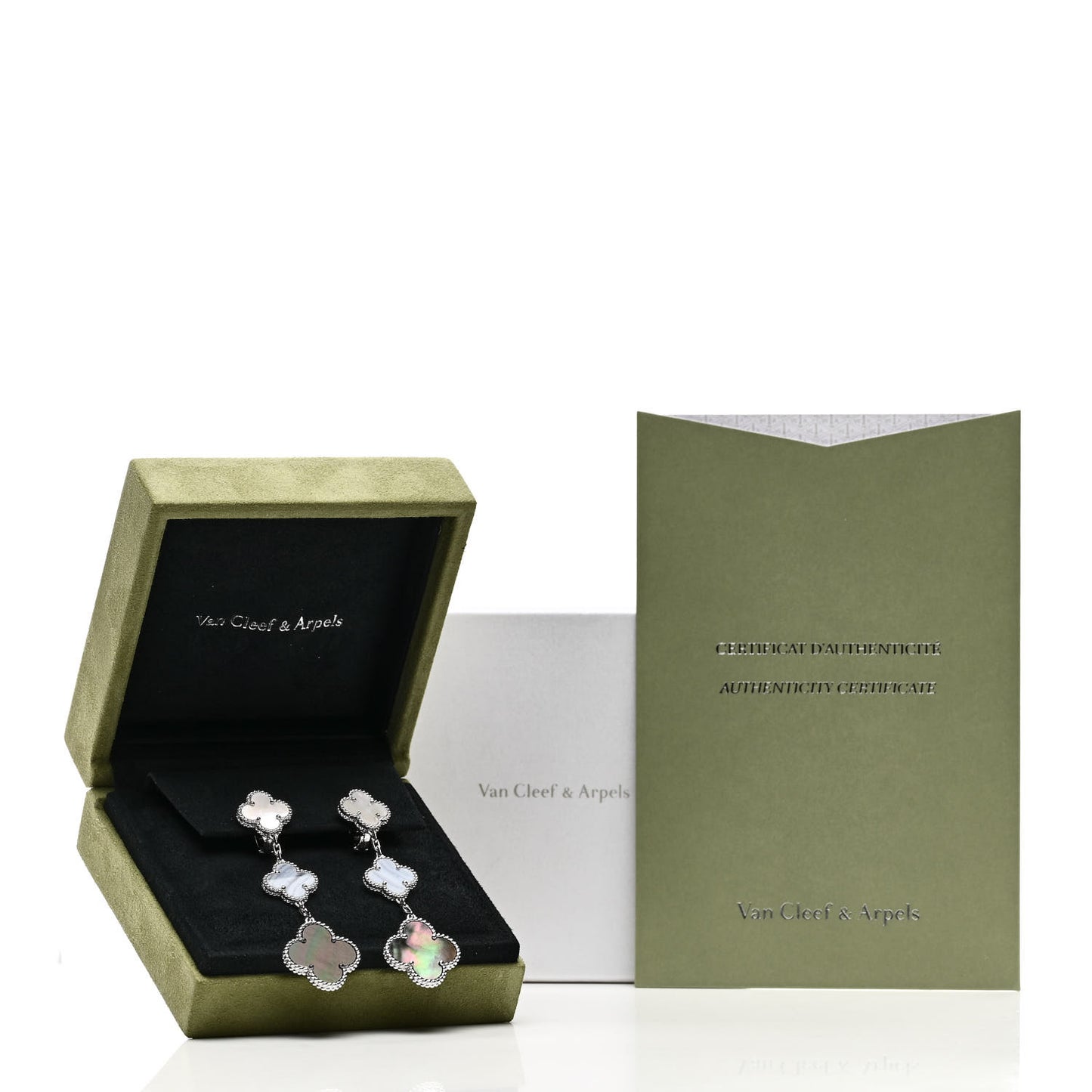 18K White Gold Mother of Pearl Chalcedony 3 Motifs Magic Alhambra Earrings